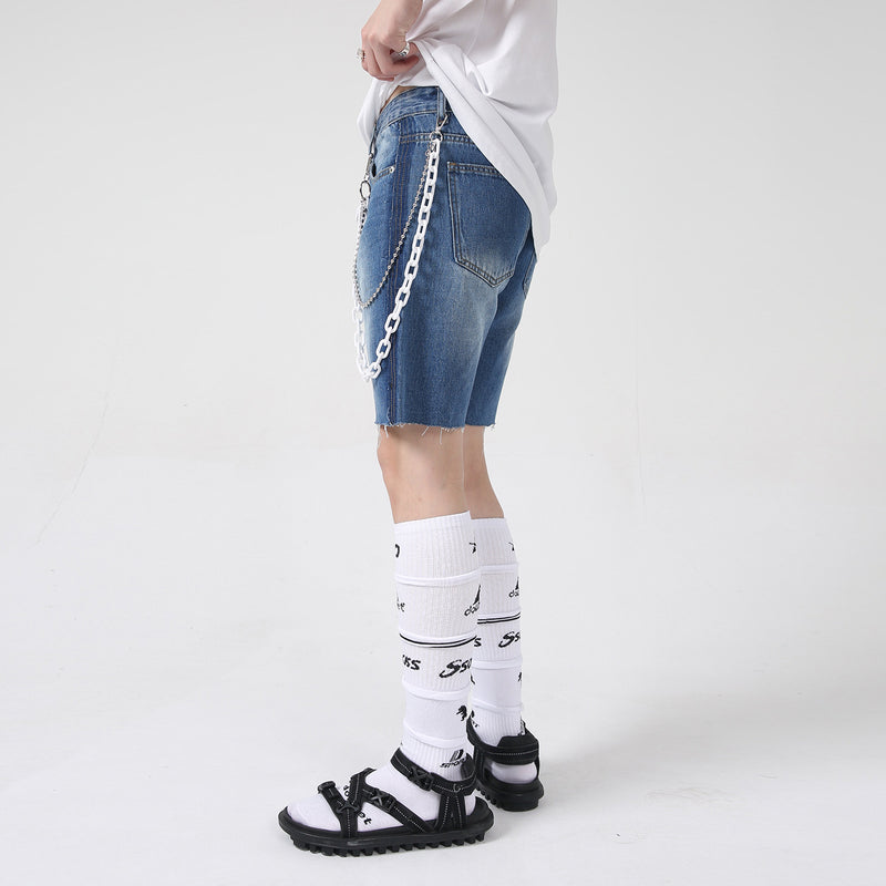 Splicing personalized five-point pants ink white design denim shorts