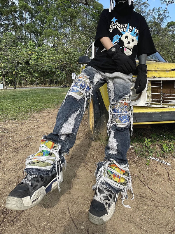 High Street Destroyed Wash Heavy Industry Embroidered Ripped Jeans