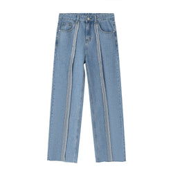 Paneled frayed washed straight-leg loose-fit wide-leg jeans