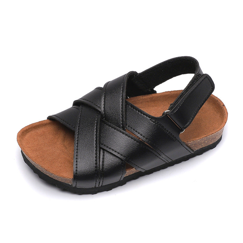 Color-Blocked Synthetic PU Cork Sandals for Kids - Velcro Wearing Style, Rubber Sole, Stitching Details