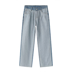 Paneled Jeans Washed Blue Loose Straight-Leg Pants