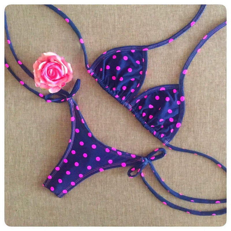 Personalized color contrast polka-dot strap split bikini