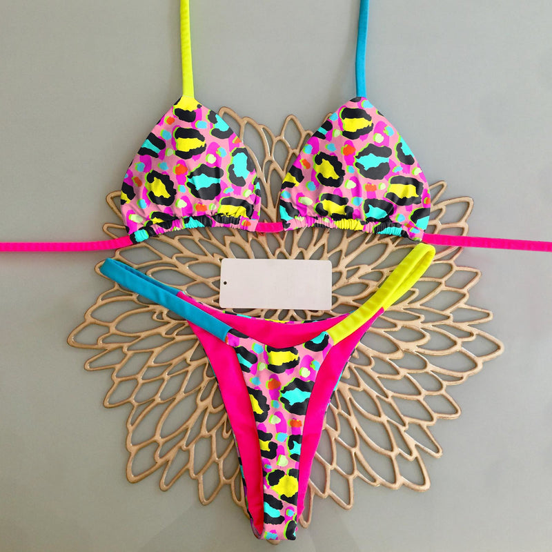 Trendy leopard print color block sexy bikini