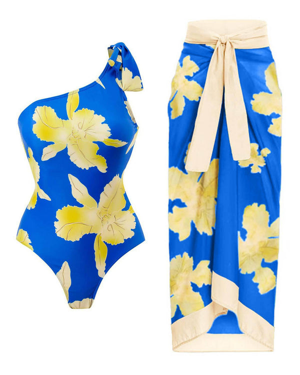 Retro One-Shoulder One Piece Swimsuit Chiffon Beach Skirt Set