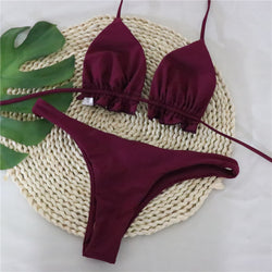 New sexy Bikini solid color ladies split swimsuit gathered with chest pad