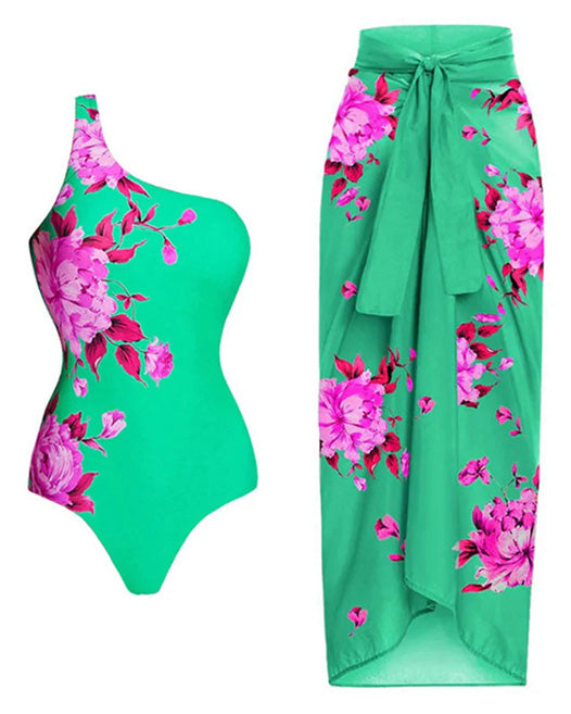 Floral Print One Piece Swimsuit Skirt Set