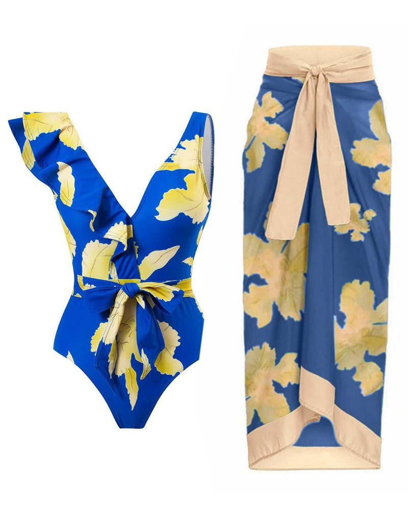 One Piece Swimsuit Ruffled Chiffon Beach Dress Set