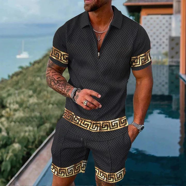 Gold and black casual polo shirt suit