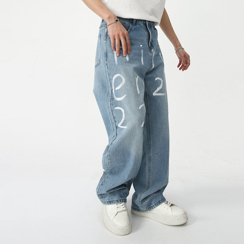 Loose-fit statement digital print wide-leg mopping jeans