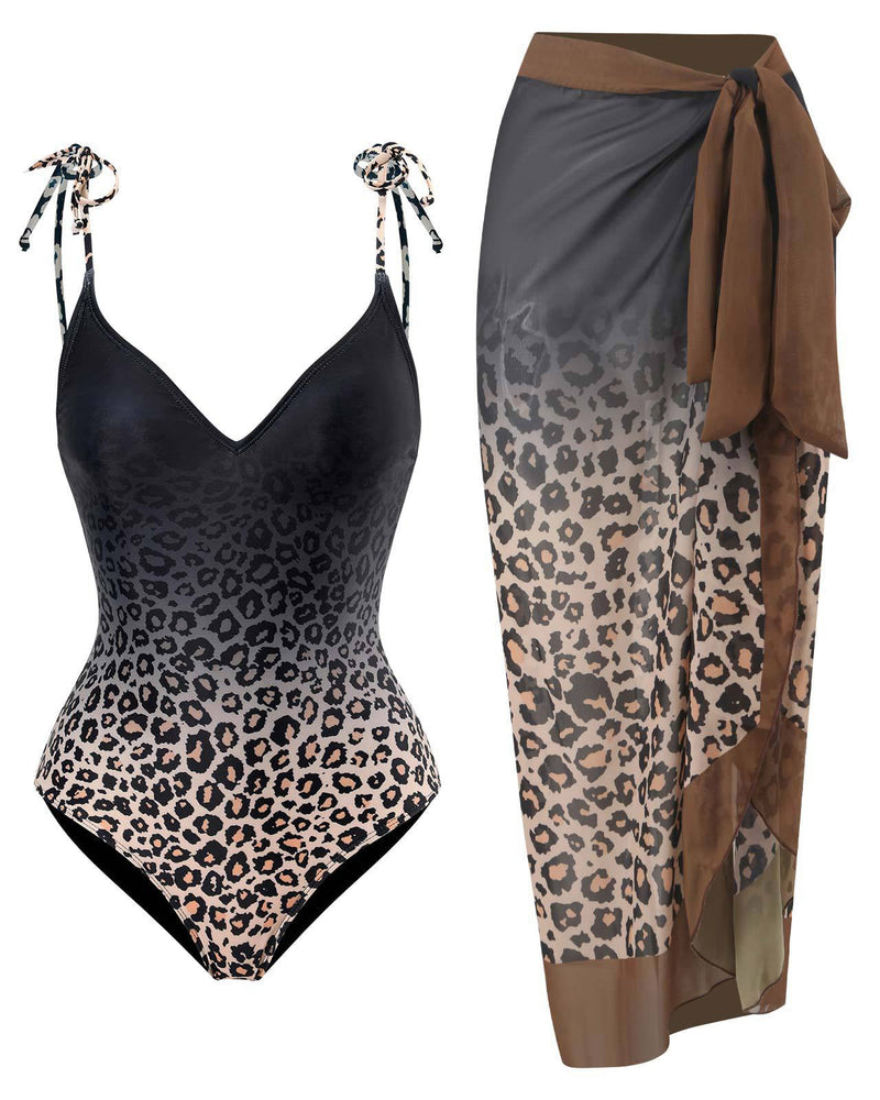 Leopard One Piece Swimsuit Chiffon Beach Skirt Set