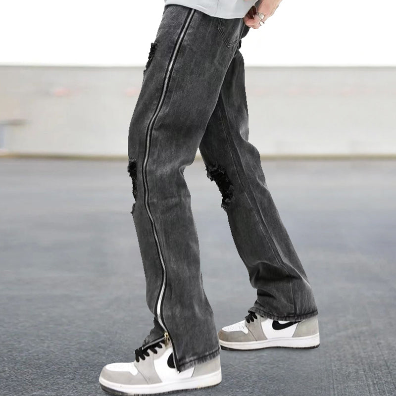 Street side zipper ripped slightly spicy bootcut jeans