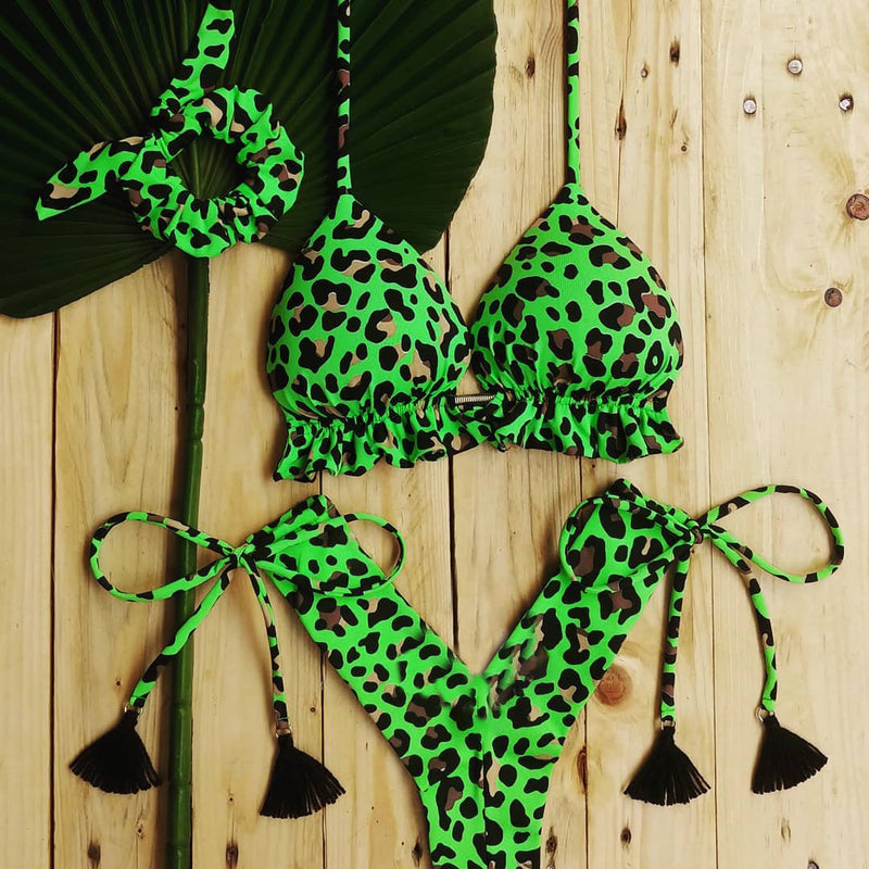 Leopard print sexy sling tassels bikini