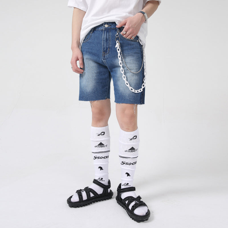 Splicing personalized five-point pants ink white design denim shorts
