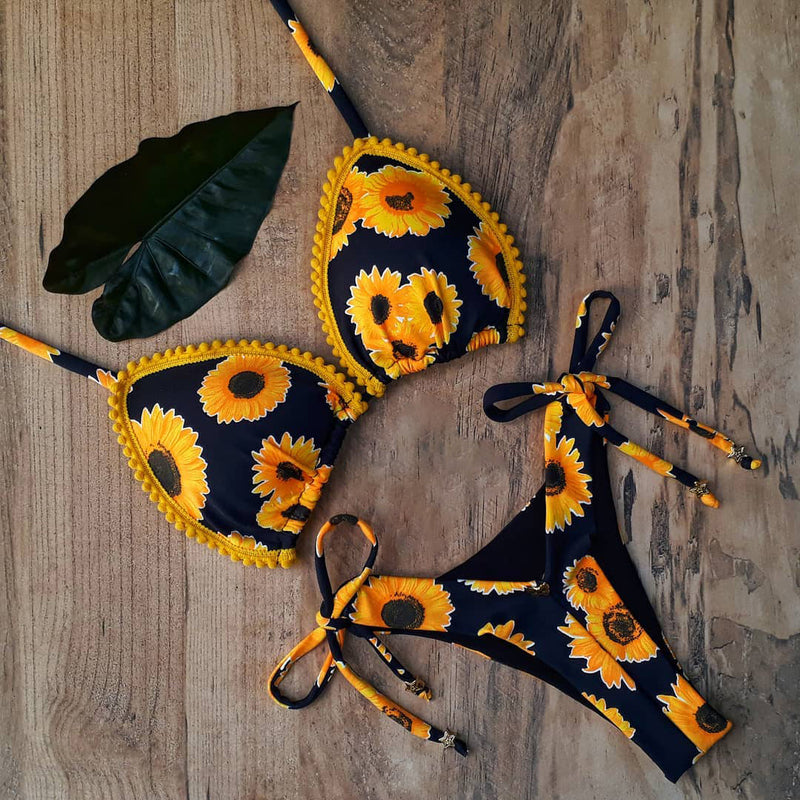 New Sunflower Print Lace Split Bikini