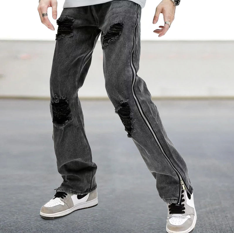 Street side zipper ripped slightly spicy bootcut jeans