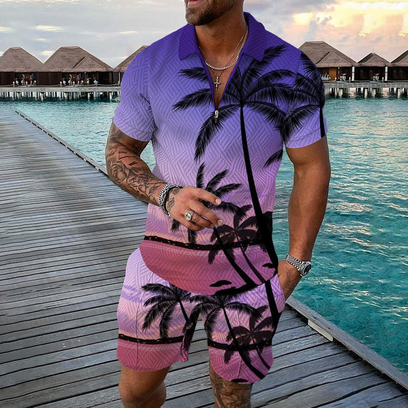 Casual coconut tree pattern polo shirt set
