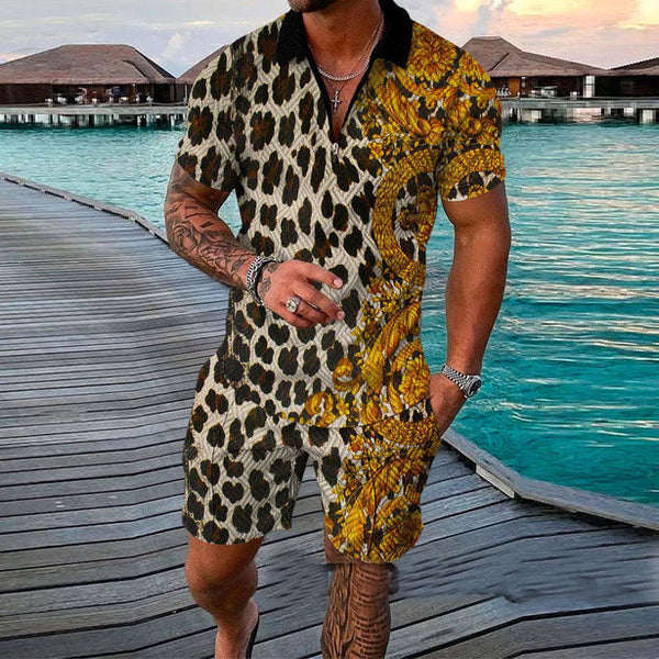 Contrasting color leopard print polo suit