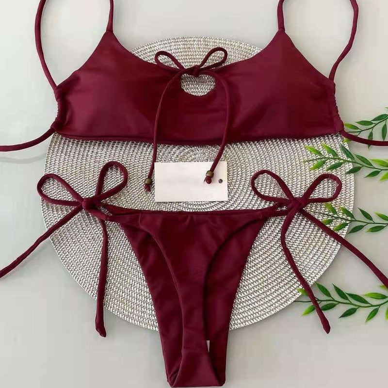 Sexy burgundy bow tie split bikini