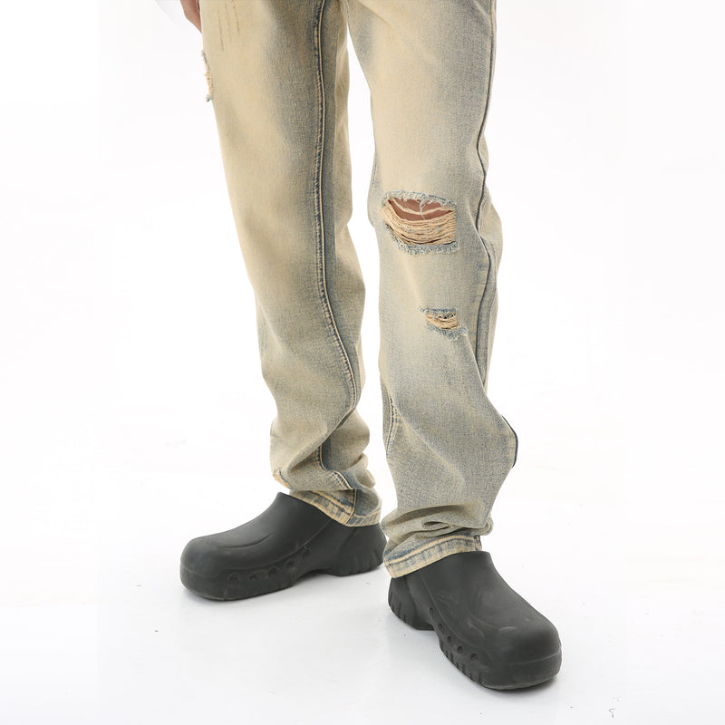 Casual straight-fit ripped mud yellow denim trousers