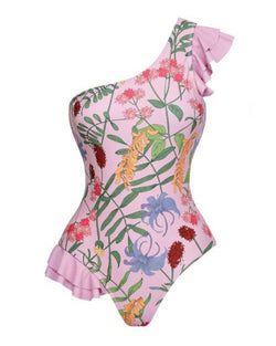 Vintage One Piece Swimsuit Printed Chiffon Skirt Set