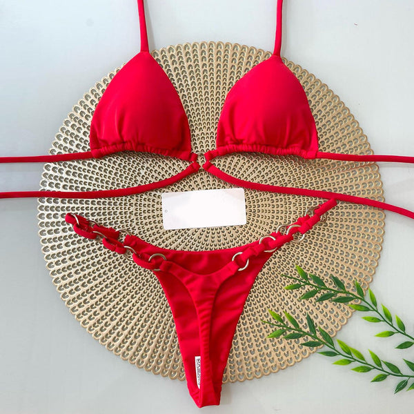 Vacation style sexy red thong bikini swimsuit