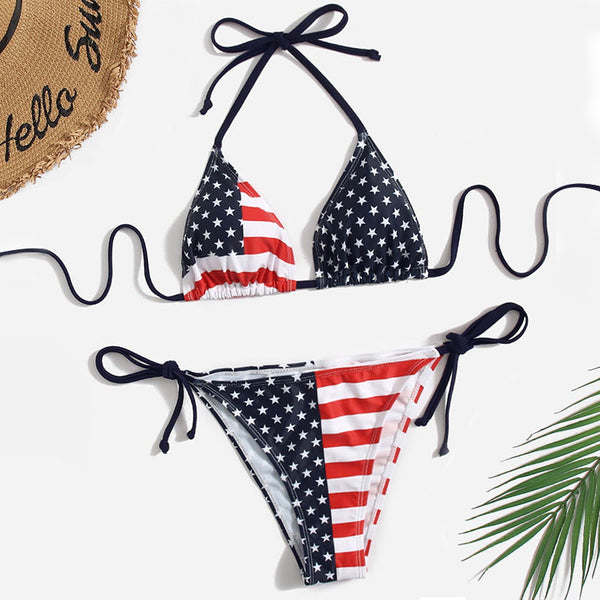 Independence Day vintage print strapless off-the-shoulder bikini