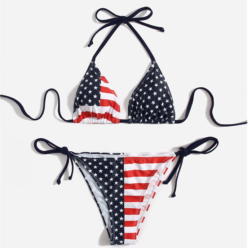 Independence Day vintage print strapless off-the-shoulder bikini