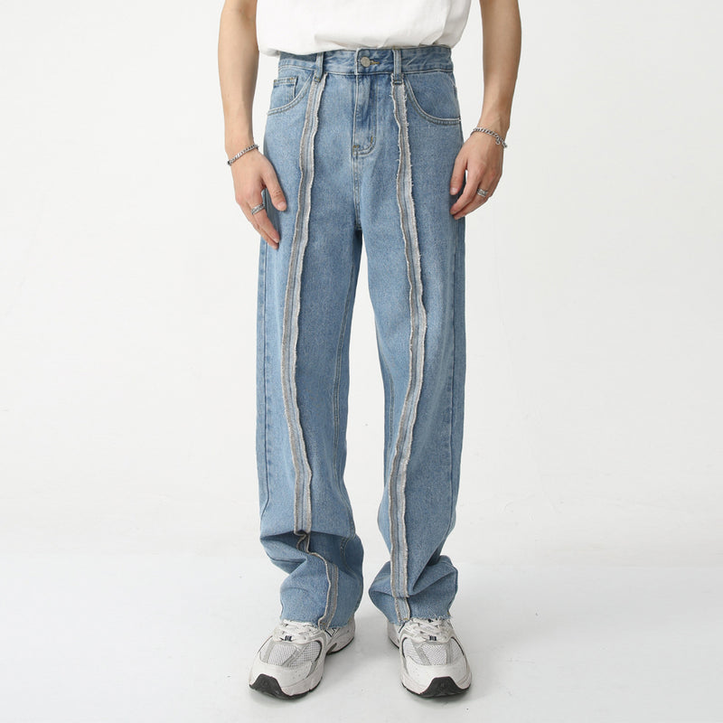 Paneled frayed washed straight-leg loose-fit wide-leg jeans
