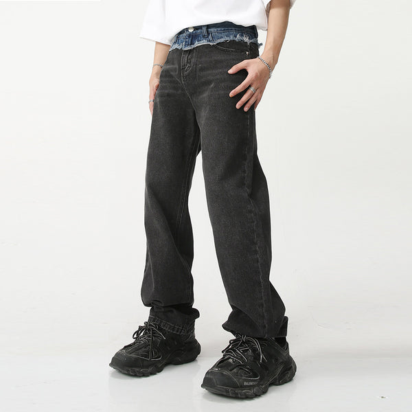 Paneled straight-leg loose-fit denim trousers