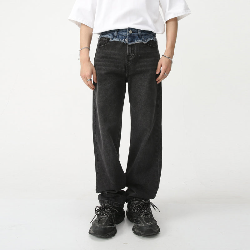 Paneled straight-leg loose-fit denim trousers