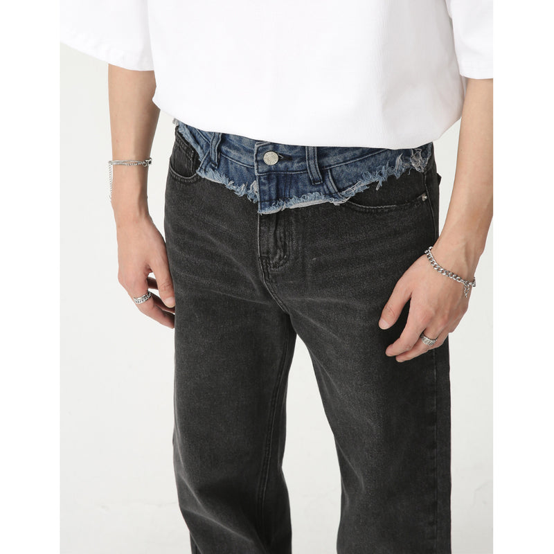 Paneled straight-leg loose-fit denim trousers