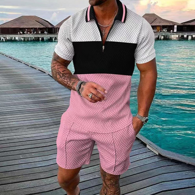 Contrast color polo shirt print casual suit