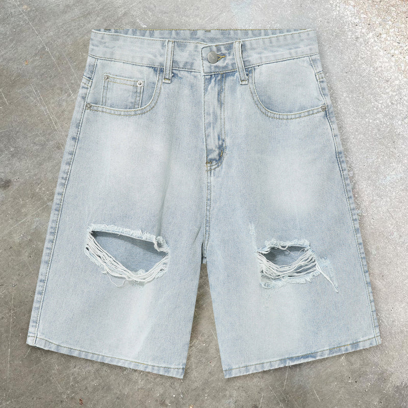 Design sense raw edge ripped denim shorts loose cropped trousers