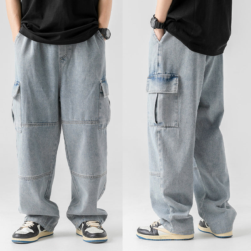 Three-dimensional pocket retro distressed washed overalls jeans
