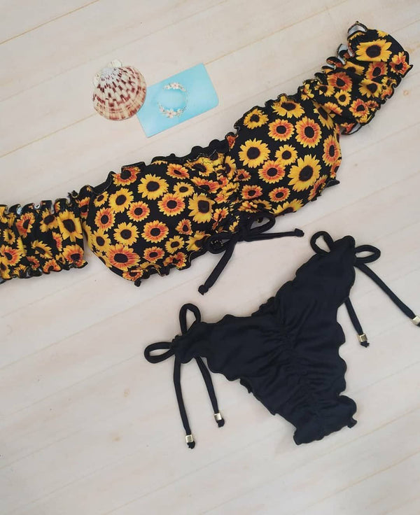 Sunflower print one-shoulder bikini swimsuit