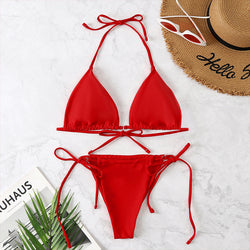 Solid Color Two-piece Swimsuit Ladies Fashion Lace Up Bikini