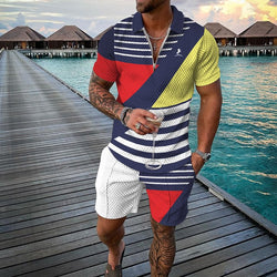 Fashion color contrast polo shirt and shorts set
