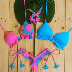 Personalized Dyed Tassel Split Bikini Contrast Three-piece Set