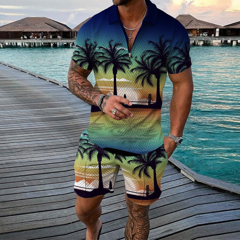 Coconut print polo shirt resort style set