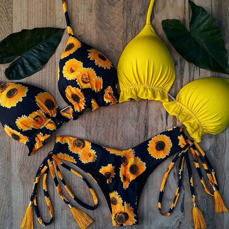 Fashion Sunflower Print Contrasting Color Split Bikini Three-piece Set