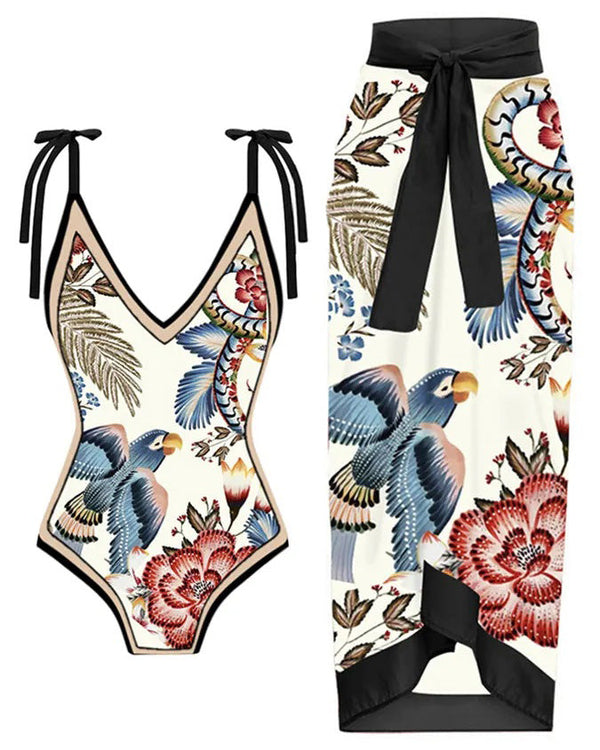 Bird Print One Piece Swimsuit Skirt Set