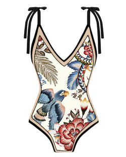 Bird Print One Piece Swimsuit Skirt Set