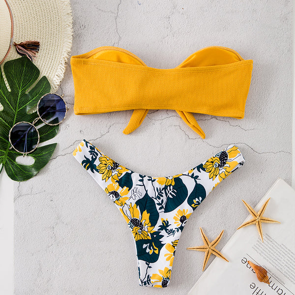 Sexy printed bow split bikini