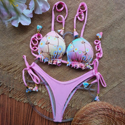 Floral-pattern fringed two-piece bikini