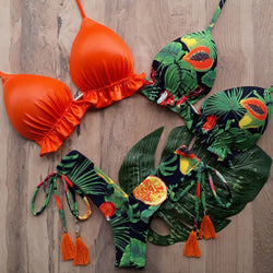 Fashion Tropical Rainforest Printed Split Bikini Three-piece Set