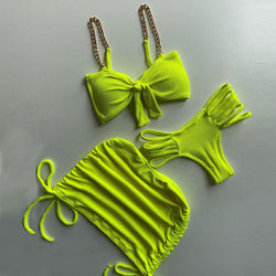 Fashion chain shirring skirt two-piece bikini three-piece set