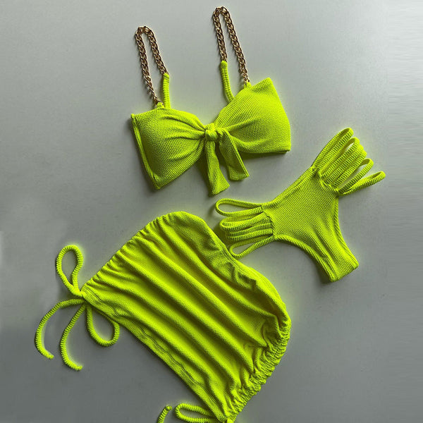 Fashion chain shirring skirt two-piece bikini three-piece set