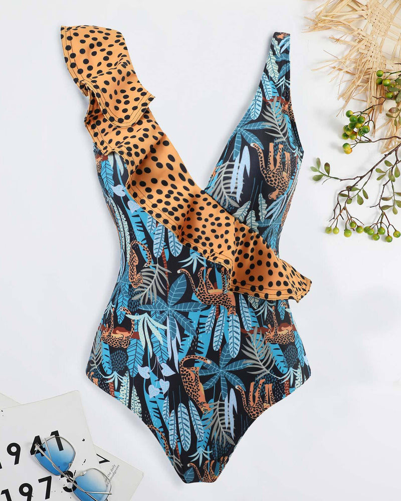 One Piece Swimsuit Leopard Print Ruffled Chiffon Skirt Set