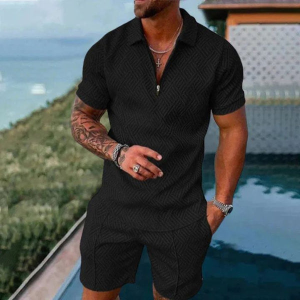 Lapel collar black casual polo shirt suit