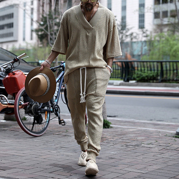 Casual sweater loose short-sleeved T-shirt trousers woolen suit